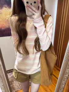 Áo Thun Tay Dài Màu Hồng Sọc Ngọt Ngào Cho Nữ Mùa Thu Dáng Rộng Thoải Mái Cao Cấp in Họa Tiết Thời Trang Thường Ngày