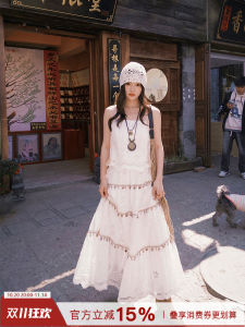 ชุดกระโปรงยาวปานกลางปักลายดอกไม้สไตล์โบฮีเมียน ทรงเอ ผ้าฝ้าย ทรงหลวม ความยาวปานกลาง ฤดูร้อน 2025 ชุดกระโปรงสตรี