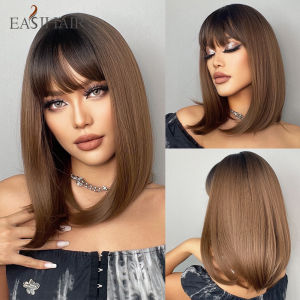 EASIHAIR | EASIHAIR Short Straight Bob Wigs with Bang Golden Brown Natural Synthetic Hair for Women Daily Cosplay Heat Resistant Fiber Wigs