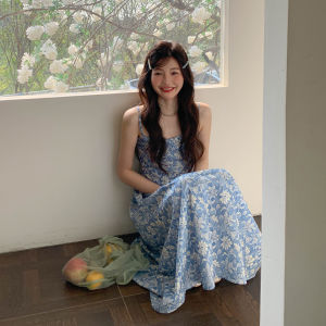 Blue Floral Print Spaghetti Strap Summer Dress