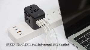 Adaptor Pengisi Daya Universal Internasional 20W dengan Pengisi Cepat 2 Port USB-C dan 2 Port USB-A Adaptor Colokan Perjalanan Universal Terpadu