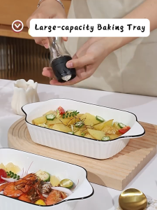 Snug Ceramic Material White Baking Dishes Serving Plates With Double Handle Embossed Design Plate