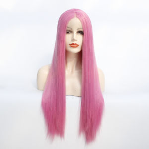 Deep Pink Long Straight Womens Wig Fashionable Middle Part High Temperature Silk Fiber T-Lace Natural Realistic Internet Famous Head Cover