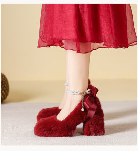 French Style Furry High Heels Thick Heel Waterproof Platform Red Wedding Shoes Winter Fleece Lined Mary Jane Single Shoes