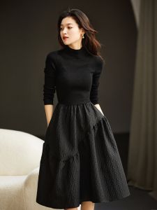 Phong Cách Hebden Vintage Kiểu Pháp Màu Đen Dệt Kim Cổ Tròn Dài Tay Phồng Đầm Chất Liệu Kết Cấu Chân Váy Midi Phiên Bản Hàn Quốc Làm Nóng Ấm Áp