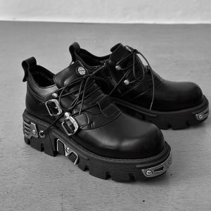 2024 New Retro Rock Dark Punk Metal Patchwork Low Top Heightening Couples Shoes Leisure Leather Shoes round Toe Rubber Sole