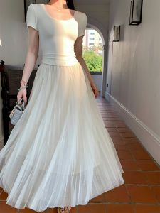 Váy Lưới Dài Nửa Thân Trên Xếp Ly Màu Trắng Cạp Cao Ba Lớp Mềm Mại Thanh Lịch Cho Nữ Mùa Thu