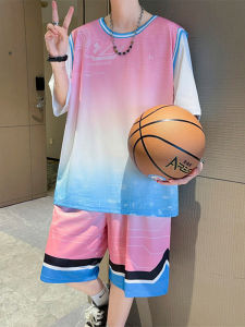 Graduated Color Ice Silk Short Sleeve Short Pants Set for Men Summer 2025 New Casual Sports Basketball Clothes Teenagers
