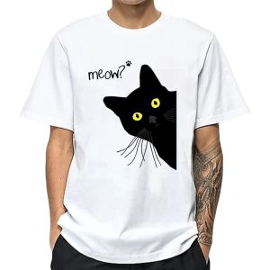 Mens T-shirt Cotton Blend Summer Meow Black Cat Print Men T Shirt Casual Loose o-neck Men Tshirt Short Sleeve t-shirt Male Tees
