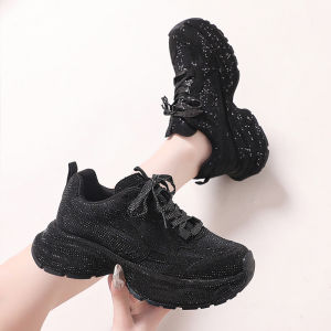Starry Rhinestone Thick Sole Fried Street Style Dad Shoes Womens Plaid Breathable Increased Ins Trendy Western Style Casual Shoes Women