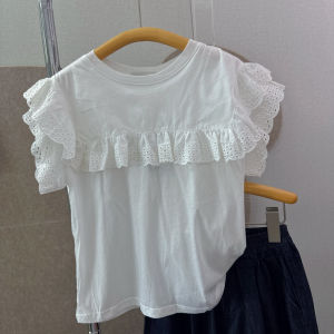 Summer Lace Thin Cool Lady Style Short Sleeve T Shirt for Girls Childrens Cotton Casual round Neck Pure Color Sweat Absorbent