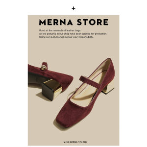 Merna Velvet Mary Janes Womens Shoes Medium High Heel Leather Version Square Head Thick Heel Fashion Single Shoes for Youth