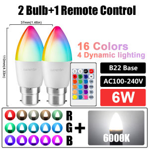 2pcs E14 E27 B22 RGB Candle Bulb LED Multicolor light 16 Colors 220V 110V Smart lighting Dimmable 24 Key Remote Control Lamp