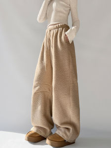 Thickened Fleece Womens Sweatpants Drawstring Loose Casual Pants Lamb Fur Warm Long Trousers Commute Style High Waist Elastic