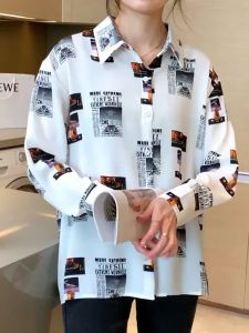 Fashion Korean White Letter Print Casual Office Lady Work Shirt Long Sleeve Women Tops