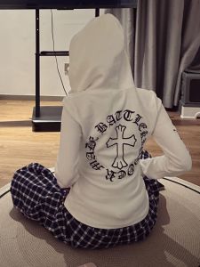 White Long Sleeve Hooded Zipper Cardigan Sweatshirt Early Autumn New Style Versatile Letter Print Slimming Top for Women