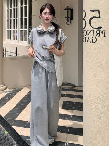 YINLUOYA | ชุดฤดูร้อน ชุดสองชิ้น ลายลูกไม้ ลำลอง สไตล์เกาหลี กางเกงขายาว แขนสั้น คอตั้ง ผ้าฝ้ายผสมโพลีเอสเตอร์