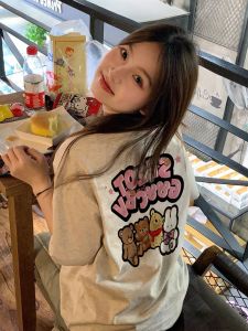 Áo Thun Cotton Phong Cách Retro Hoạt Hình Cho Nữ Mùa Hè Cỡ Lớn Rộng Rãi Tay Ngắn Thương Hiệu Mỹ Thời Trang Thường Ngày in Chữ Tròn