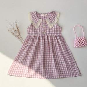 Menoea 3 To 7 Years Girl Summer Plain Clothes Korean Version Pastoral Style Lapel Sleeveless Plaid Lace Vest Princess Dress Fashion Kids Casual Wear