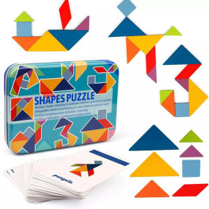 W18 Tangram Shape Puzzle Wooden Pattern Blocks Jigsaw Color Sorting Stacking Game Montessori Busy Cube Puzzle Toy for 3 4 5 Year Kid