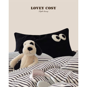 Lovey Cosy Double-Sided Milk Velvet Thickened Bedding Set Black White Stripes Retro Style Four-Piece Bedding Set Warm And Cozy