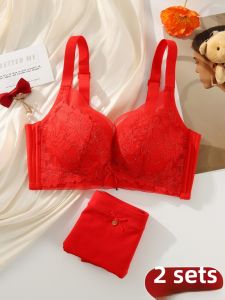 Red Zodiac Year Womens Underwear Set Gathered Small Chest Top Anti-Sagging Side Breast Collection Adjustment Type Snake Year Bra