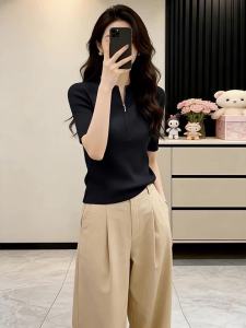 Black Half Open Neck Short Sleeve Slim Stylish T-Shirt
