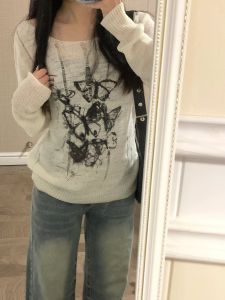 American Long Sleeve T-Shirt for Women Summer New Style Graffiti Butterfly Loose Fit Knit Shirt Wide Open Design Casual Wear