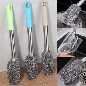 แปรงลูกบอลลวดเหล็กสแตนเลสด้ามยาวอุปกรณ์ซักล้างด้ามจานในห้องครัวกระทะแปรงทำความสะอาดห้องครัวที่แขวน