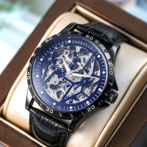 Mens Automatic Mechanical Watch Luminous Alloy Case Full Skeleton Dial 30M Water Resitance Genuine Leather Strap 43MM Large Dia