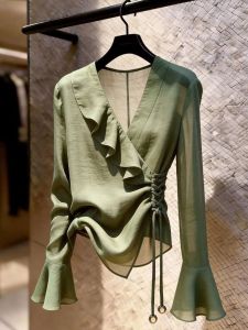 Flared Hem V-Neck Design Green Top for Women