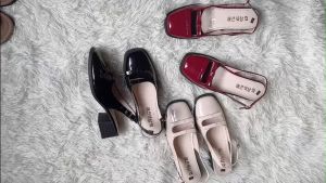 Sandal Cao Gót Mary Jane Đế Vuông Quai Hậu Phối Chun Da Bóng Mềm