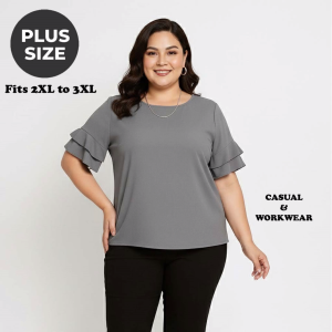 Plus Size 2-Layer Ruffle Sleeve Blouse for Women Flattering Fit for Casual & Office Wear 2XL–3XL Charcoal Gray Color