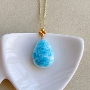 Montagen Jewelry 18K Pure Gold Pendant Gem Pendant Four Leaf Clover Design Fine Jewellery Natural 20x15mm Larimar Pendant Neckalce
