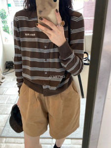 เสื้อคาร์ดิแกนถักแขนยาวทรงหลวมสไตล์ย้อนยุคสำหรับผู้หญิงในฤดูใบไม้ร่วงปี 2025 เสื้อเชิ้ตสีบล็อกลายทาง