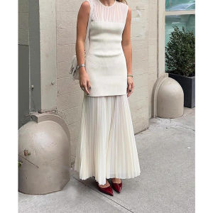 Normcore Design round Neck Stitching Knitwear Tube Top Pleated Slim Vest Skirt French Slimming False Two-Piece Dress Long