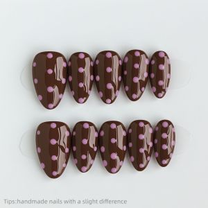 10pcs Handmade Brown Pink Polka Dot Press on Nails Almond Full Cover Wearable Reusable Sweet False Nails 2026