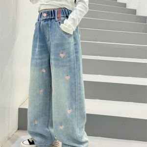 กางเกงยีนส์ขากว้างฤดูใบไม้ผลิและฤดูใบไม้ร่วงสำหรับเด็กผู้หญิง กางเกงขายาวทรงหลวมสบาย ๆ สำหรับเด็กผู้หญิงในฤดูใบไม้ร่วงและฤดูใบไม้ผลิ
