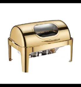 RECTANGEL GOLD ROLL TOP CHAFFING DISH FOOD WARMER BUFFET SERVER WITH GLASS WINDOW COVER FOR CATERING BUSINESS