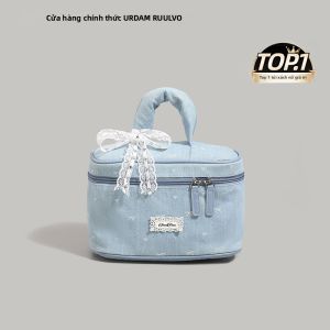 URCDN RDALVO | Túi Đựng Mỹ Phẩm Di Động Màu Denim Xanh Viền Ren