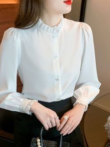 Elegant French Style Long Sleeve Shirt Womens Fashionable Chic Heart Buckle Stand Collar Polyester Fabric Anti-Uv Shirt