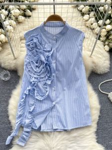 French Style Sleeveless Shirt Womens Summer Stylish Three-Dimensional Flower Ribbon Single-Breasted Easiest for Match Chic Anti-Aging Top Trendy