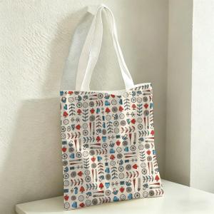 Beige Plant Pattern Storage Bags Double-Sided Printed Canvas Tote Bag Eco-Friendly Reusable Large Capacity Handbag