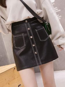 Korean Style High Waist Single Button PU Leather Mini Skirt Womens Autumn Winter New Slimming A-Line Half Body Skirt