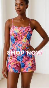 จัมป์สูทขาสั้นสายเดี่ยวลายดอกกุหลาบ (Floral Sweetheart Neckline)__SecondhanD_SP024