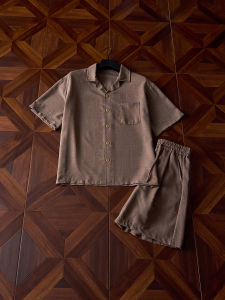 OUMULONG | Mature Light & Cool Flax Silk Short Sleeve Shirt Set Men Summer