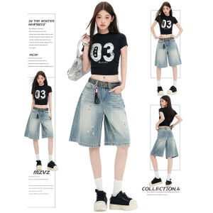 MZVZ | Vintage Blue Ink Spots Loose Wide Leg Denim Shorts