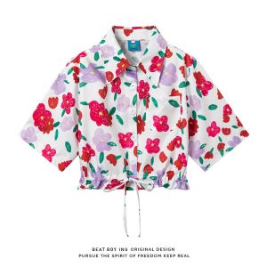 Sweet Spicy Hong Kong Style Retro Short Sleeve Drawstring Floral Shirt for Women Summer 2024 New Arrival Unique Minority Short Sleeve Shirt