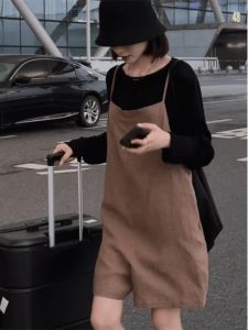 Retro Wide Leg Overalls Womens Summer 2025 Small Size Ageless Loose Strap Jumpsuit Straight Casual Shorts High Waist Short Pants