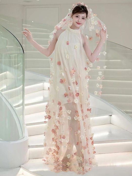 Elegant High-Waisted Long Dress Luxury Bridal Gown French Style Floral Neck Hanging Engagement Dress Sweet Simple Style Wedding Dress